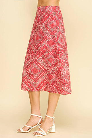 BANDANA PRINT A-LINE MIDI SKIRT - 7371S: Red / S