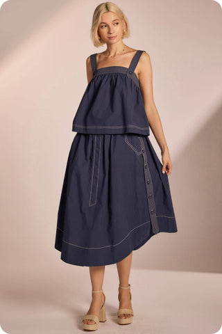 Top-stitch Relaxed Cotton Midi Skirt: Navy / L