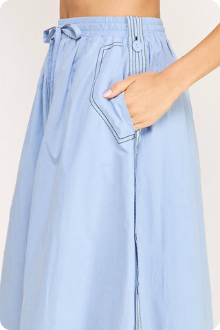 Top-stitch Relaxed Cotton Midi Skirt: Peri Blue / S