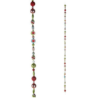 Colorful beaded string with various beads on a white background