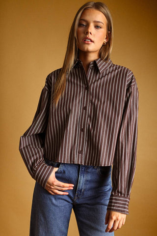 Small STRIPED BUTTON FRONT CROP SHIRTS: BROWN