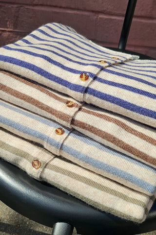 Small STRIPED PATTERN BUTTON FRONT CARDIGAN: SKY BLUE/OAT/GREY