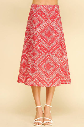 BANDANA PRINT A-LINE MIDI SKIRT - 7371S: Red / M