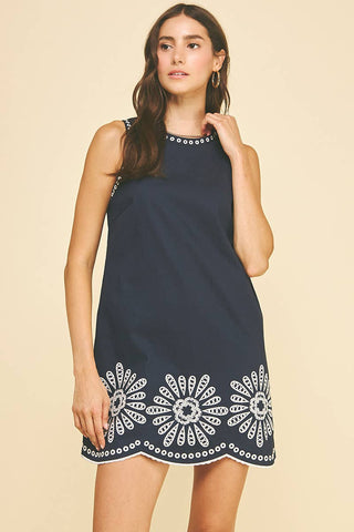 FLORAL EMBROIDERED MINI DRESS - 6545D: NAVY / L
