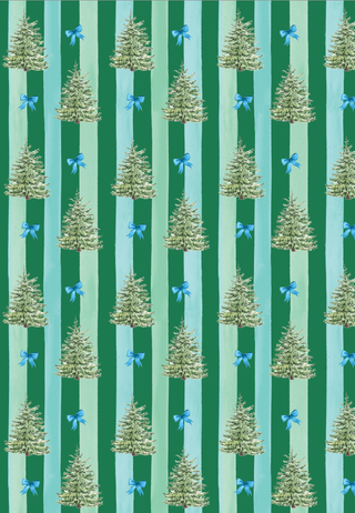 Blue Spruce and Bows Green Striped Wrapping Paper