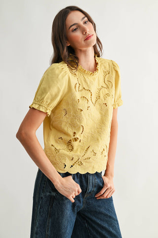Embroidered Short Sleeve Blouse: OFF WHITE