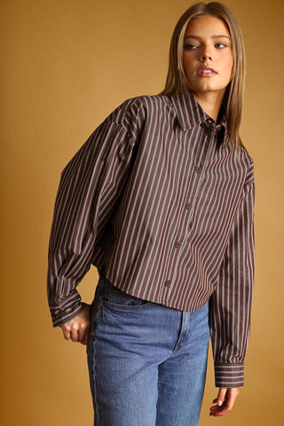 Small STRIPED BUTTON FRONT CROP SHIRTS: BROWN