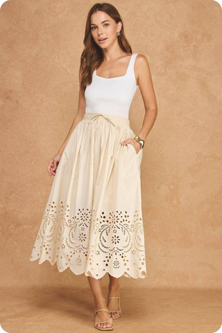 Eyelet Embroidery Detail Waist Tie Midi Skirt: Ecru / S