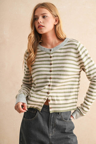 SMALL STRIPED PATTERN BUTTON FRONT CARDIGAN: BLUE/OAT/GREY