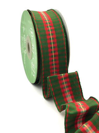 1.5" Modern Green & Red Holiday Check Wired Ribbon