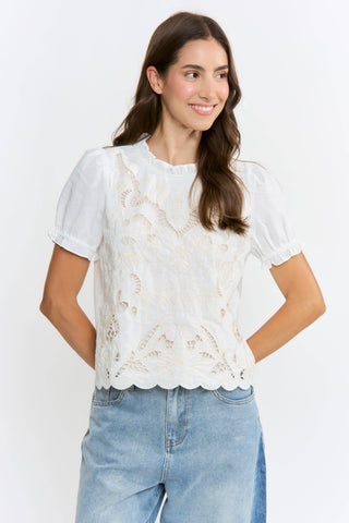 Embroidered Short Sleeve Blouse: OFF WHITE