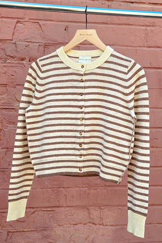 SMALL STRIPED PATTERN BUTTON FRONT CARDIGAN: BLUE/OAT/GREY