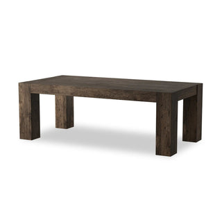 Full view of the Abaso Dining Table, a rustic thick-cut oak veneer table with chunky squared legs and dovetail joinery.