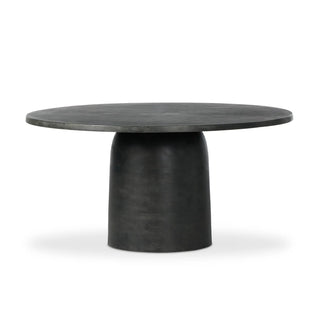 Full view of the Basil Outdoor Dining Table, a sleek 60-inch round aluminum table with an aged grey finish.