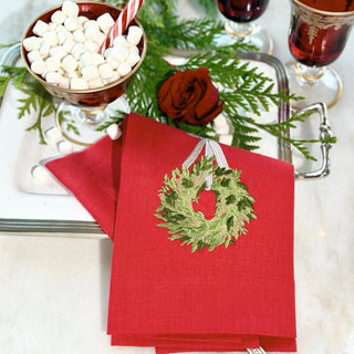 Boxwood Wreath Red Linen Tea Towel