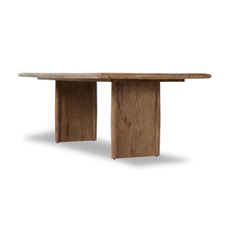 A detailed close-up of the Glenview Dining Table's weathered oak surface, highlighting its natural wood grain.