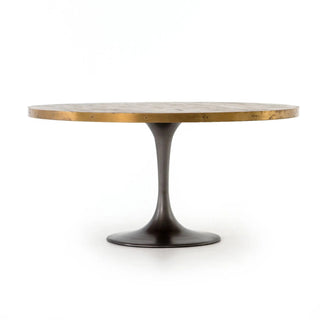 Full view of the Evans Round Dining Table, featuring a burnt oak top with a brass steel band and a vessel grey iron base.