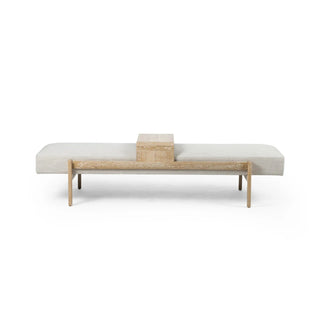 A straight-on front view of the Fawkes Bench, showcasing its neutral fabric seat and white-washed oak frame.