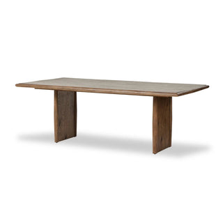  Full view of the Glenview Dining Table, a rustic double pedestal table crafted from weathered oak.