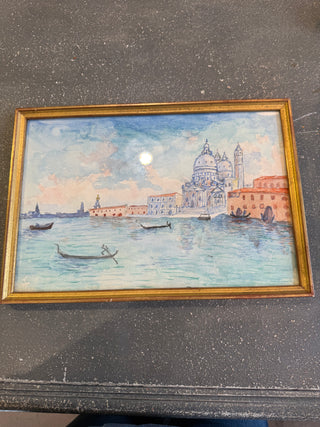 Dreamy French Watercolor of Italian Harbor c. early 1900's