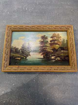 French Riverside Landscape in oil c. Late 1800's -unsigned