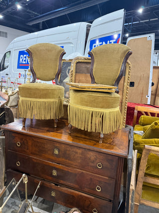 Olive Gold Fringe Velvet Slipper Chairs