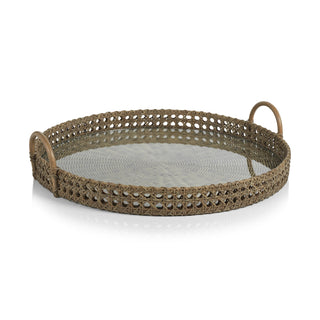 Mayfair Rattan Open Weave Round Tray w/ Clear Glass