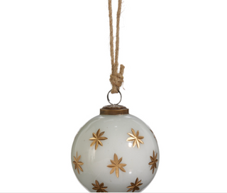 4" Ivory w/ Gold Star Etched Ball Ornament