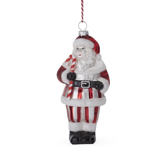 5 Inch Red & White Glittered Blown Glass Santa Ornament