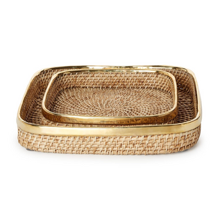 Rectangle Hand Woven Rattan Tray w/ Brass Rim Accent