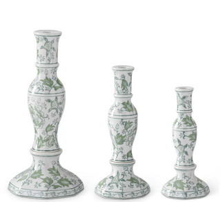 Green & White Floral Ceramic Taper Candleholder