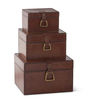 Brown Leather Hinged Lined Square Box w/Stirrups