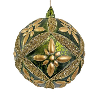 Glass Floral Ball Antique Dk Green Mat w/Gold Painting & Silver Glitter Ornament