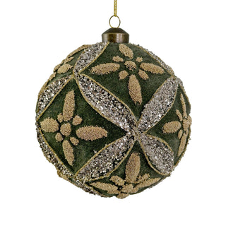 Glass Foral Ball Green Velvet w/GodBeads & Silver Glass Glitter Ornament