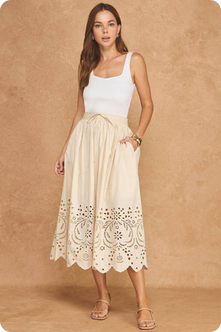 Eyelet Embroidery Detail Waist Tie Midi Skirt: Ecru / S
