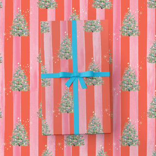 Tinsel Tree and Twinkles Red Striped Wrapping Paper