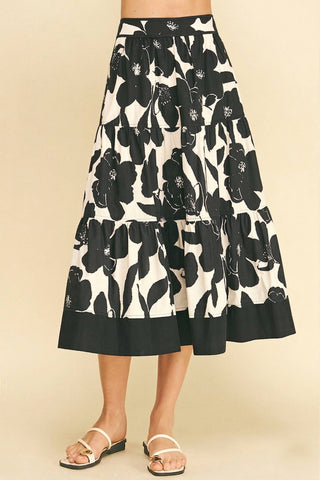 FLORAL TIERED MIDI SKIRT - 7235S: NAVY / M