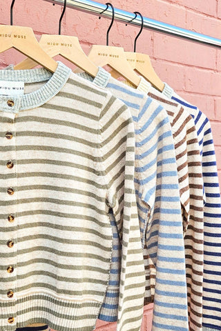 Large STRIPED PATTERN BUTTON FRONT CARDIGAN: SKY BLUE/OAT/GREY