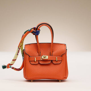 Mini Handbag Keychain Charm | Faux Leather Purse Keyring with Twilly Scarf: OR / ONE
