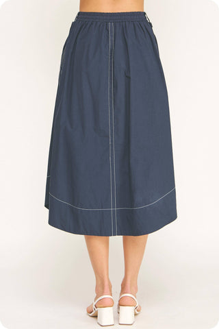 Top-stitch Relaxed Cotton Midi Skirt: Navy / M