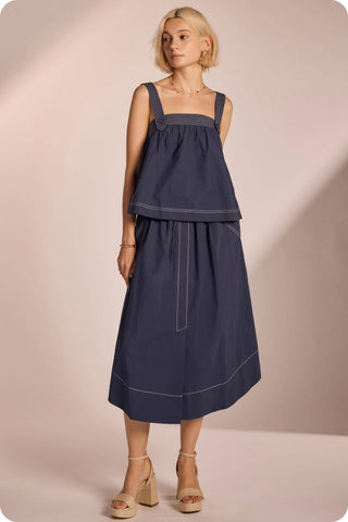 Top-stitch Relaxed Cotton Midi Skirt: Peri Blue / M