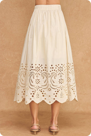 Eyelet Embroidery Detail Waist Tie Midi Skirt: Ecru / L