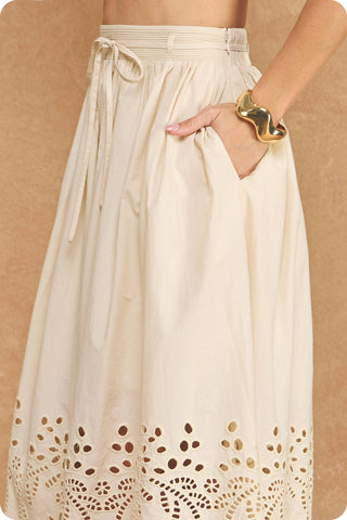 Eyelet Embroidery Detail Waist Tie Midi Skirt: Ecru / L
