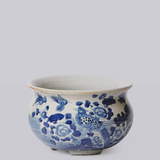 Rustic Bird & Flower B&W Porcelain Bulbous Cachepot