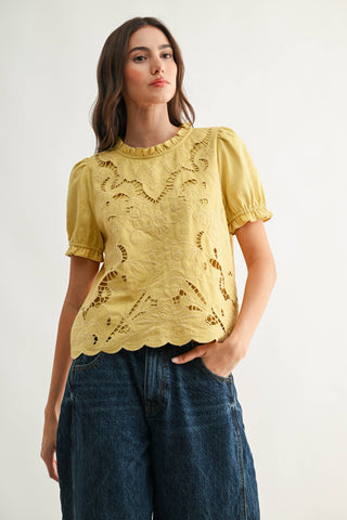 Embroidered Short Sleeve Blouse: OFF WHITE