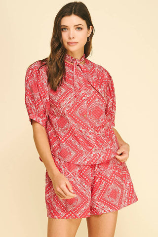 BANDANA PRINT A-LINE MIDI SKIRT - 7371S: Red / S
