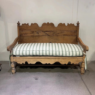 Antique European Bench with Scalloped Apron and Schumacher Ojai Stripe Cushion