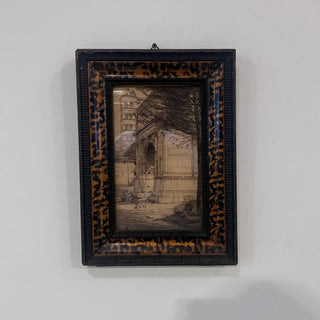 Antique French Architectural Drawing in Leopard‑Pattern Frame