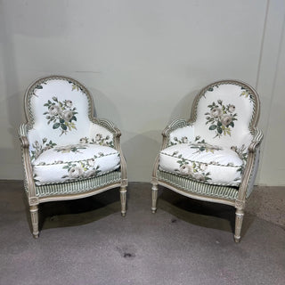 Antique French Armchairs in Schumacher Floral and Stripe