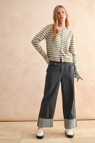 Large STRIPED PATTERN BUTTON FRONT CARDIGAN: SKY BLUE/OAT/GREY